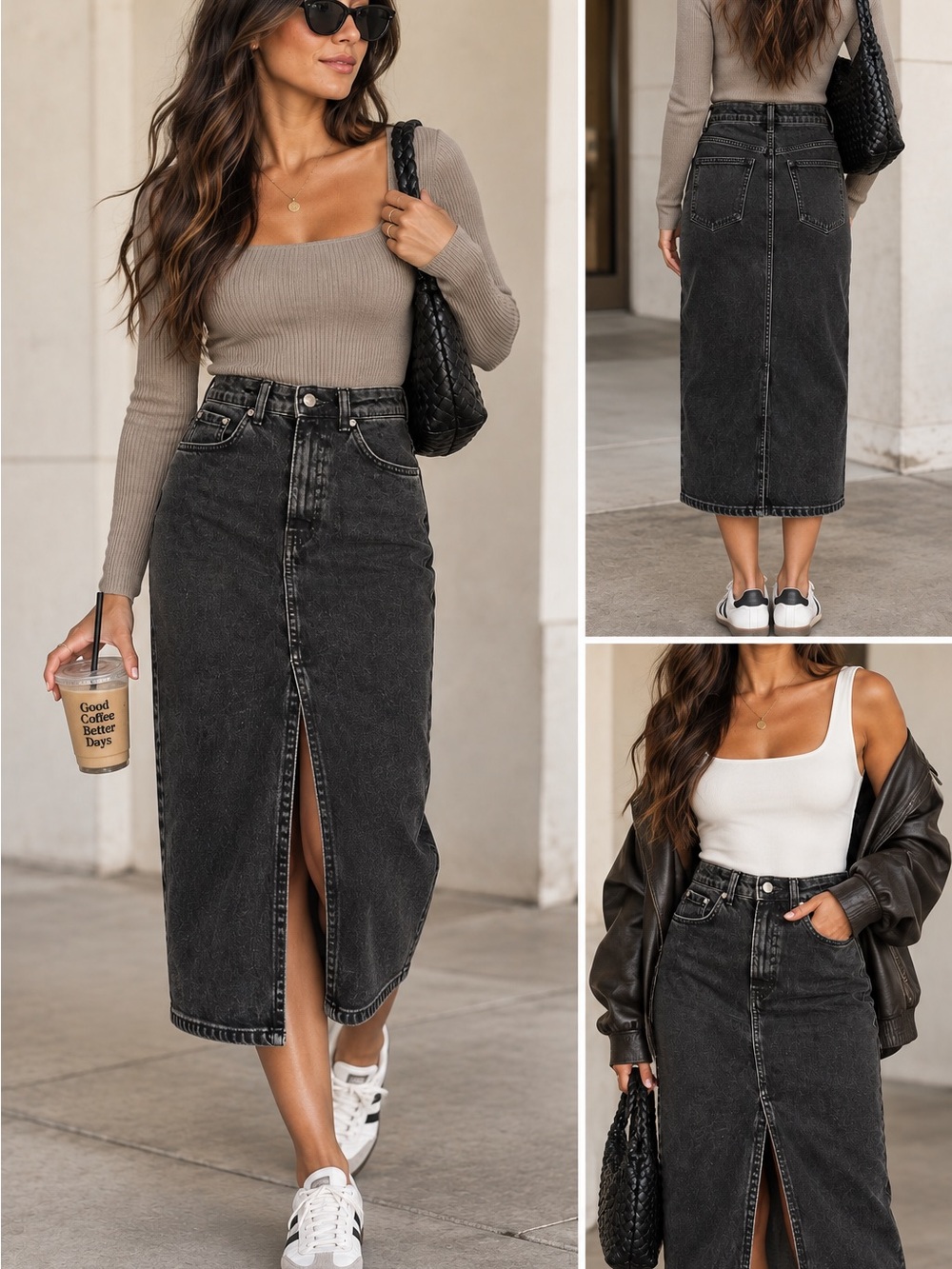 Zara Black Washed Denim Midi Skirt with Front Slit
